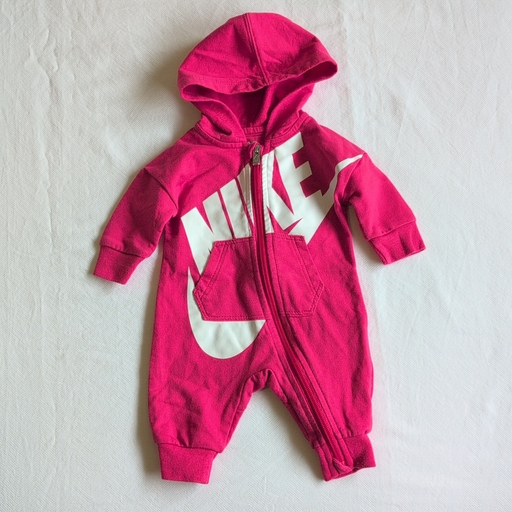 nike hot pink logo zip-up jumpsuit with hood newborn baby girl